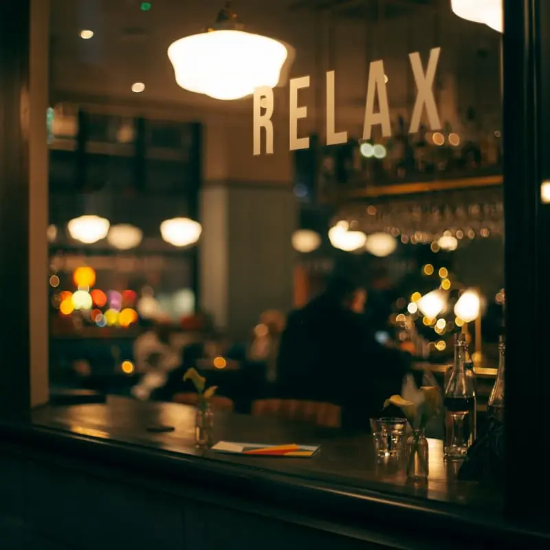 Interior iluminado de una cafetería visto de noche desde la calle